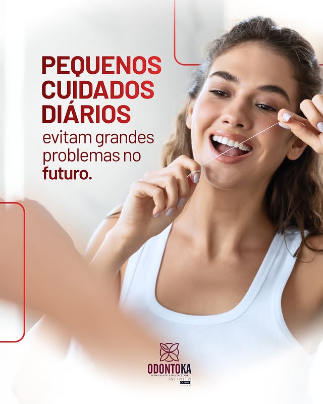 Mulher usando fio dental — pequenos cuidados diários evitam grandes problemas no futuro