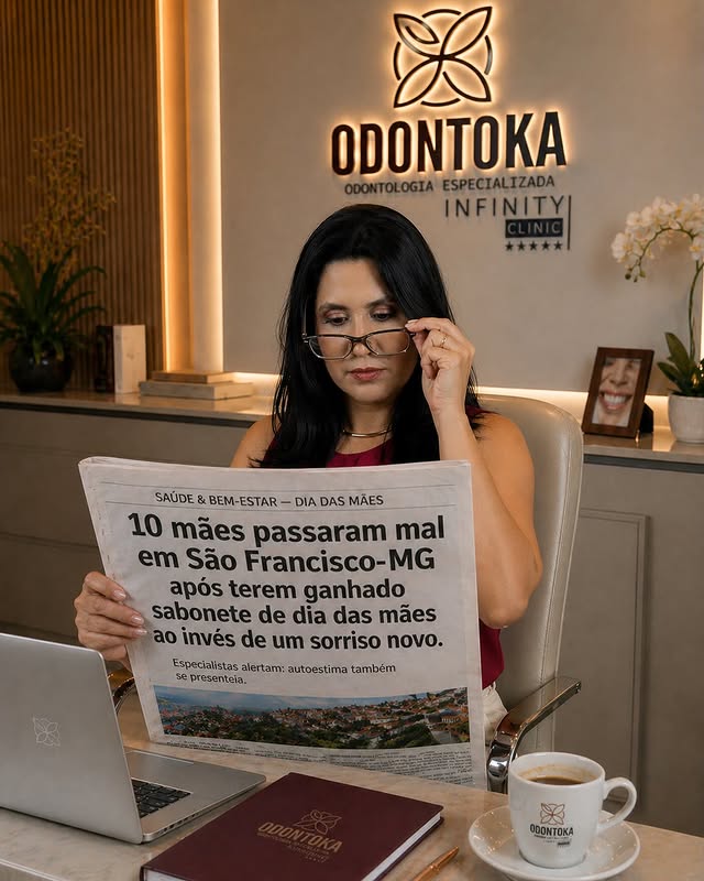 Dra. Kamila lendo jornal sobre dia das mães na clínica Odonto KA